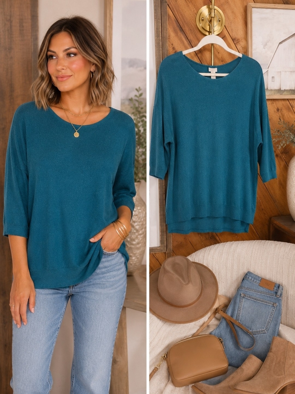 Chico's Teal Soft Knit 3/4 Sleeve Sweater Size 2 Relaxed Boat Neck Top Crew Cozy